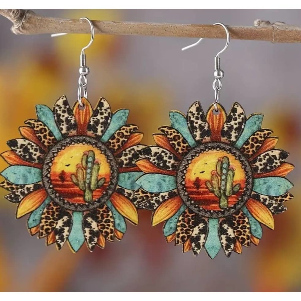 Sunflower Shape Drop Earrings Leopard Pattern Wooden Earrings